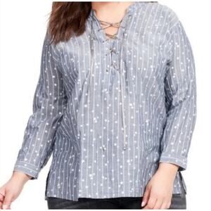 Johnny Was WorkShop Metallic Stars And Stripes Lace Up Top Blouse Blue‎ Size 3XL